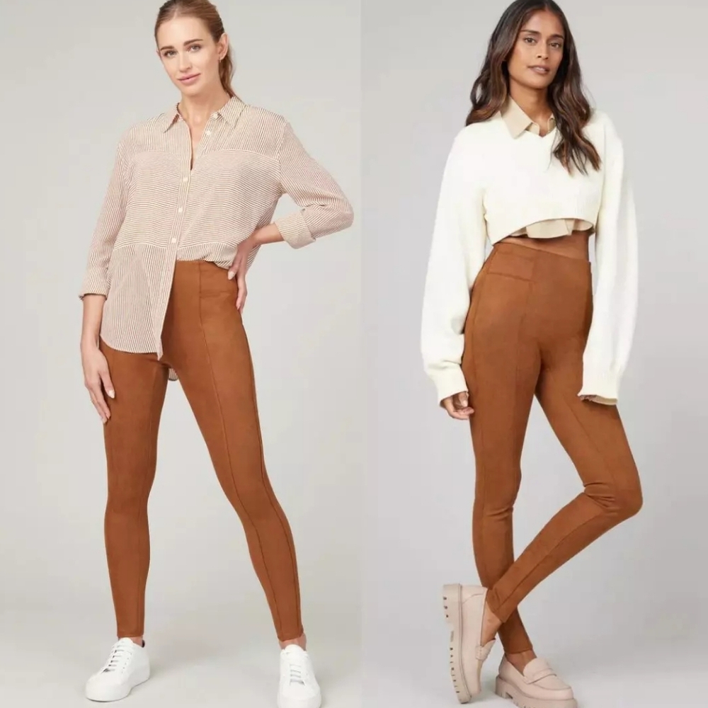 Spanx Women’s Size S Tan Faux Suede High Rise Leggings Pants Ankle Tummy Control